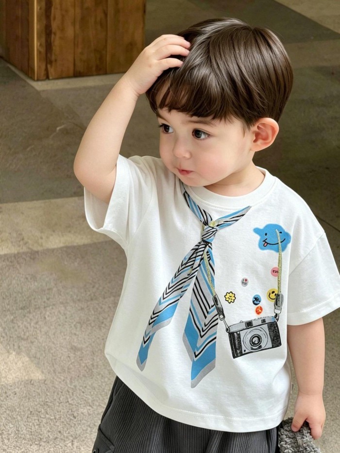 Baby Boy's Cute Printed Tie, Handsome And Trendy Pure Cotton Short-sleeved T-shirt, Children'