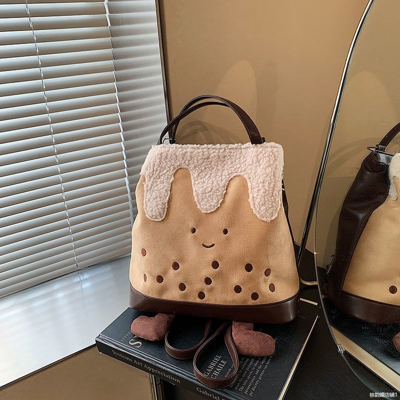 Ladies Pearl Milk Tea Tote Bag New Cute One Shoulder Crossbody Bag Backpack Bucket Bag