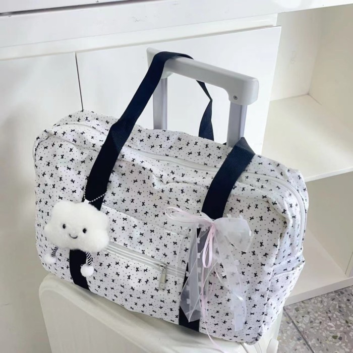 Niche Sweet Floral Canvas Bag For Women, Korean Bow Short-distance Travel Bag, Large Tote Bag