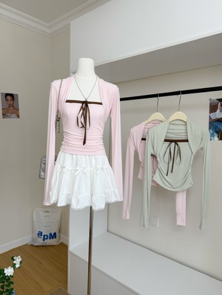 94069 Áo thun Cardigan ngắn tay dài hai mảnh màu hồng / Áo ống mỏng