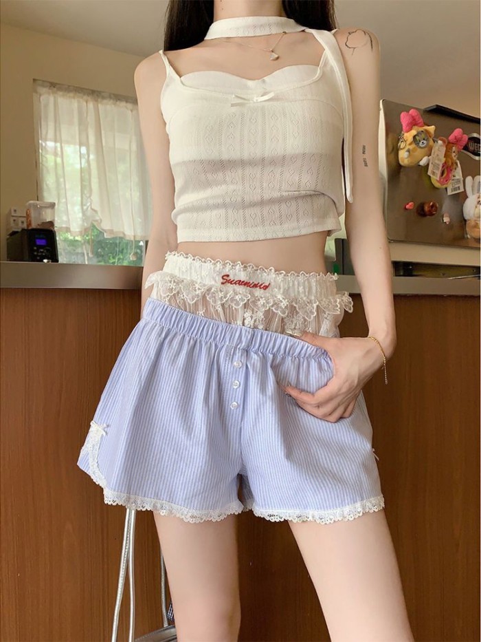 Girls Sweet Lace Pajama Pants Womens Shorts New Spring And Summer High Waisted Home Pants Cas