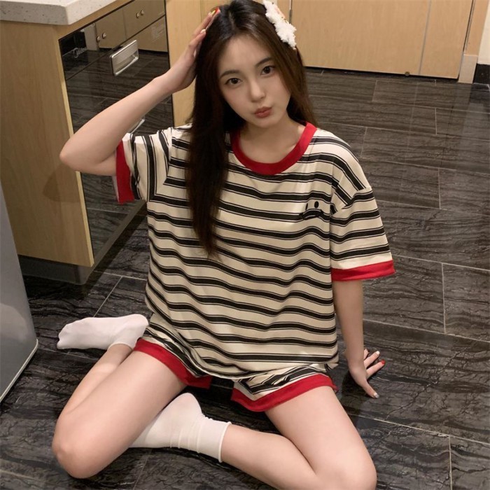 Pajamas Summer Women's Fashion Korean Style Simple Casual Striped Short-Sleeved Tops Shorts C