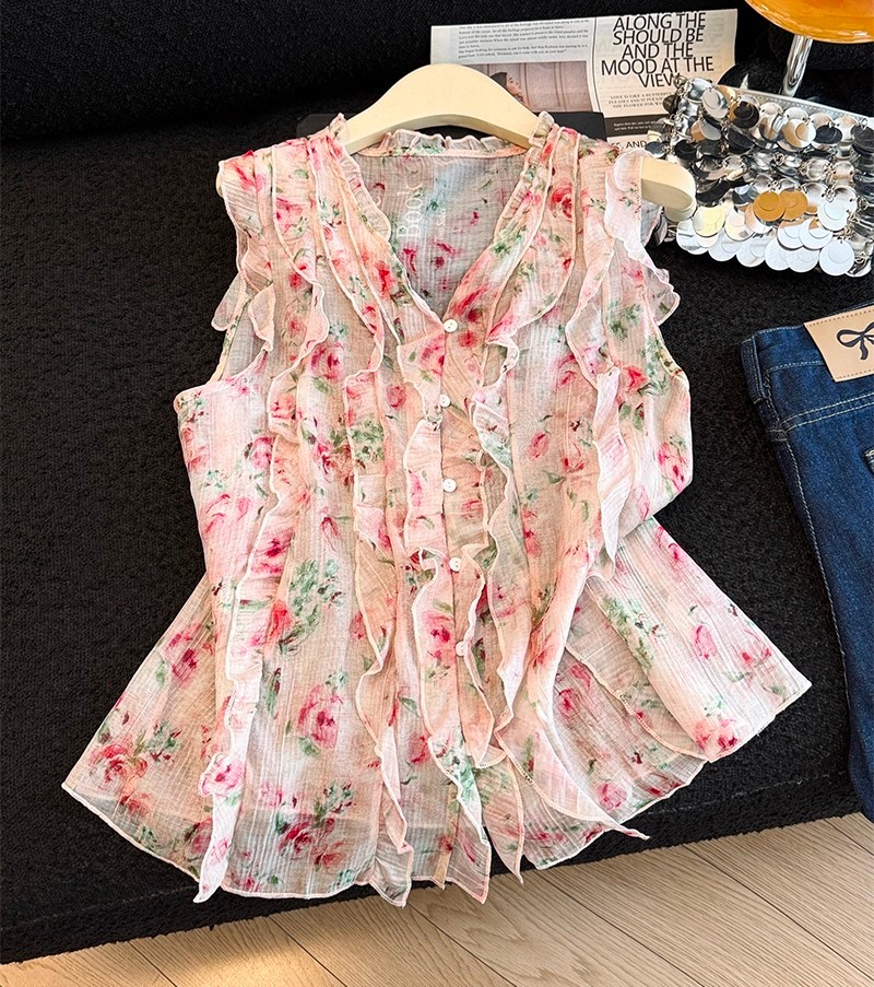 Áo sơ mi không tay cổ chữ V xù hoa sang trọng  102540