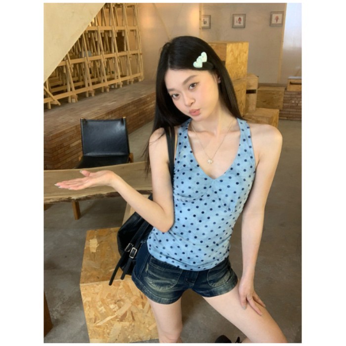 v Collar Blue Polka Dot Halter Neck Suspender Women's New Summer Vest For Inner Wear And Outer We