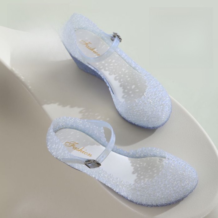Crystal Sandals For Women, Wedge Heel, Medium Heel, One-word Buckle, Baotou, Women's Jelly, New