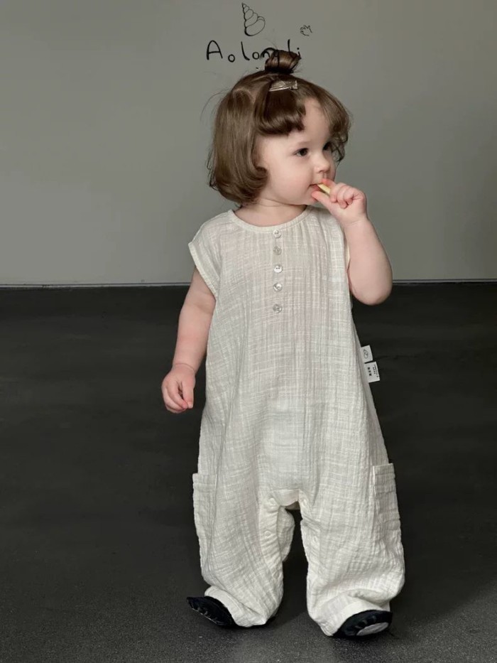 Korean Version Of The New Baby Boy One-piece Summer Beige Sleeveless One-piece Crawling Suit