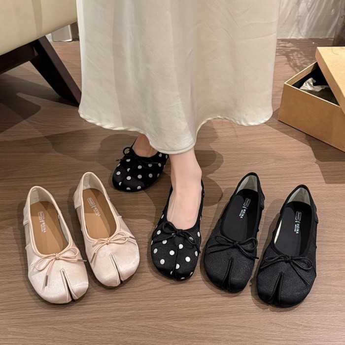 Polka Dot Bow Shallow Mouth Single Shoes, Flat Toe Shoes, Versatile Beanie Shoes, Flat Shoes,