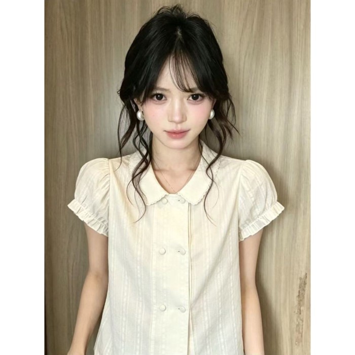 Korean Style Soft Girl Gentle Style Doll Collar Shirt For Women Summer Lace Puff Sleeves Loos