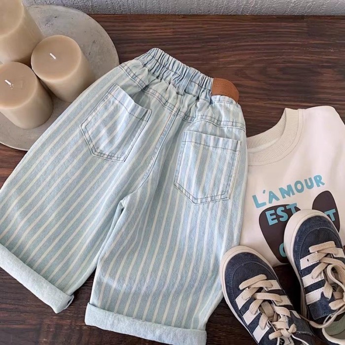 Summer Boys' Vertical Pattern Jeans For Boys And Girls, Korean Style Loose Casual Pants, Baby