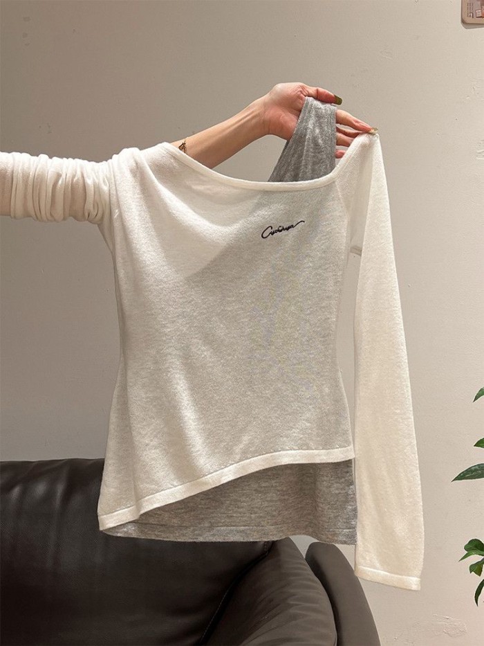 Fake Two-piece Embroidered Off-shoulder Off-shoulder Bottoming Shirt For Women In Autumn New Sli