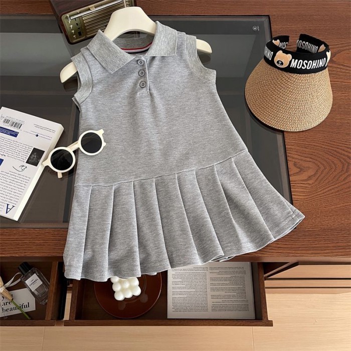 Summer Sports Vest Dress, Stylish Girl's Lapel Sleeveless Pleated Dress, Baby's Cute Casual P