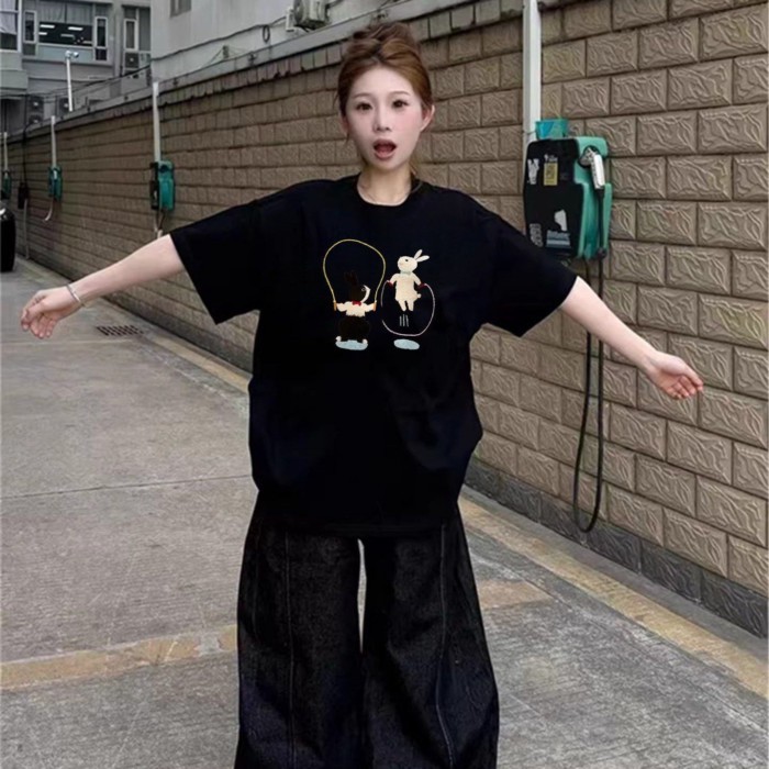 Pure Cotton Black Short-sleeved T-shirt For Women New Popular Summer Design American Loose Ha