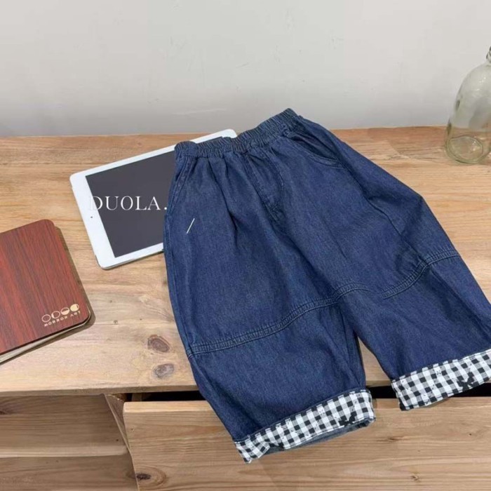 Children's Summer Thin Super Soft Jeans For Boys And Girls Plaid Cuffed Trousers Baby Anti-mo