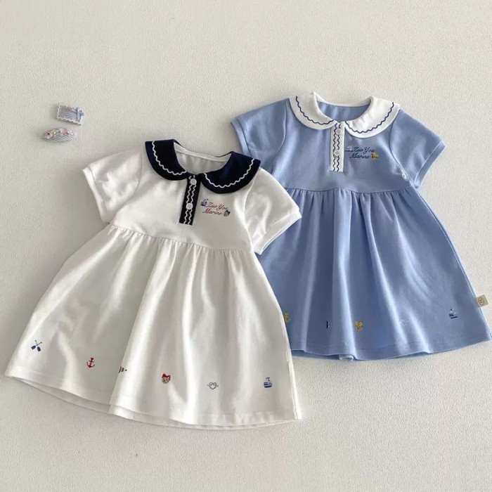 Baby Girl Navy Dress Summer Dress Girls Lapel Thin Princess Dress Infant And Toddler College