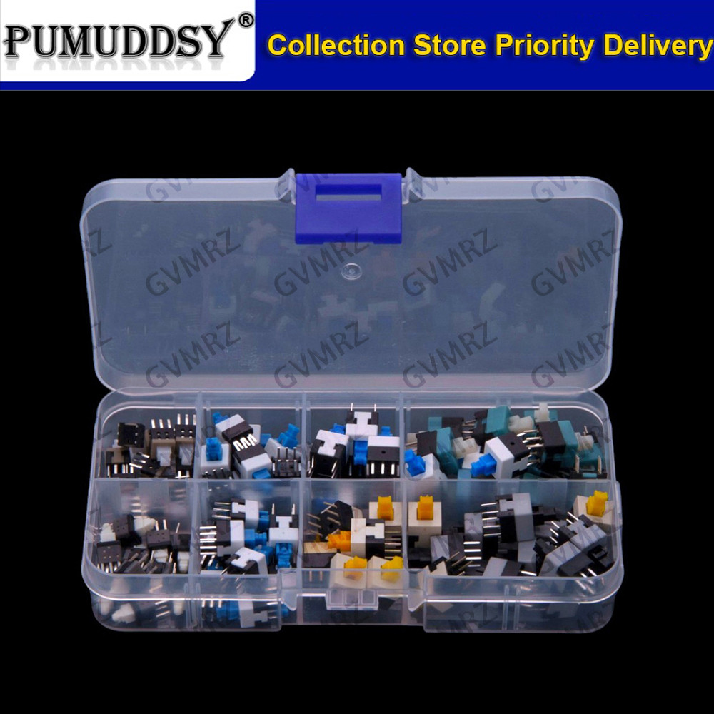 8Values 80 CÁI Hộp công tắc nút nhấn, 5.8 * 5.8 / 7 * 7 / 8 * 8 / 8.5 * 8.5MM, 8 loại tự khóa và khô