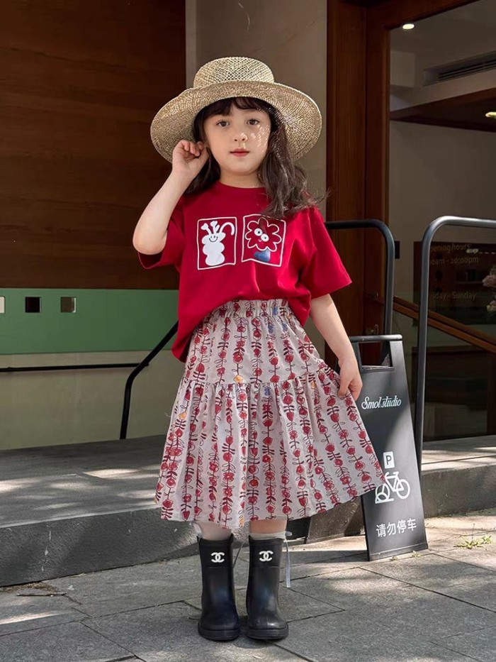 Girl Korean Style Floral Skirt Summer New Style Princess Style Retro Casual Mid-length