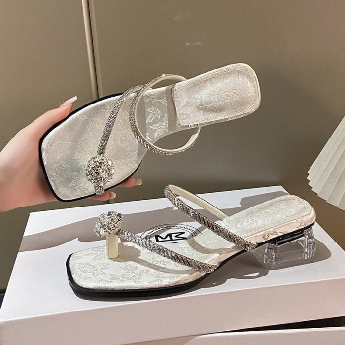 Elegant Slippers For Women With High Heels, Thick Heels, Embroidered Thongs, Fashionable Crys