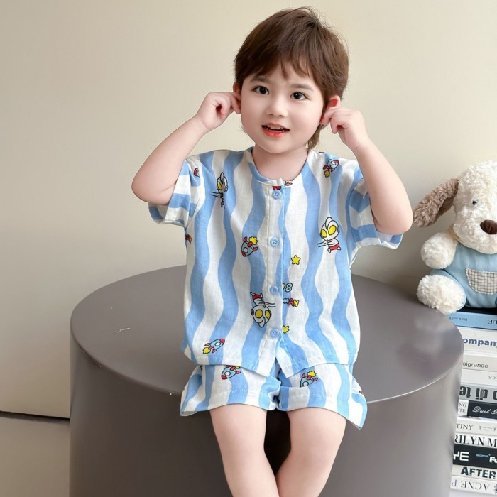 Boys Pajamas Set Summer Thin Ultraman Gauze Baby Boy New Children Summer Cartoon Home Clothes