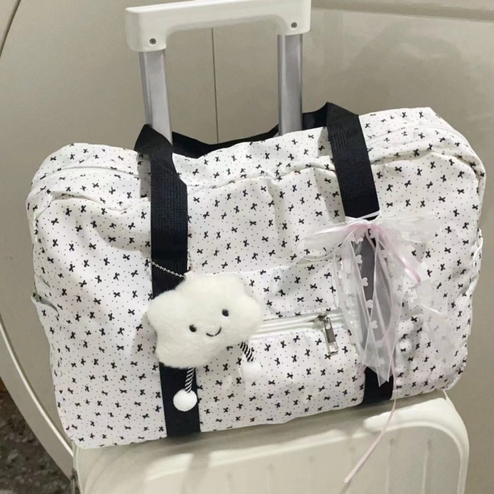Niche Sweet Floral Canvas Bag For Women, Korean Bow Short-distance Travel Bag, Large Tote Bag