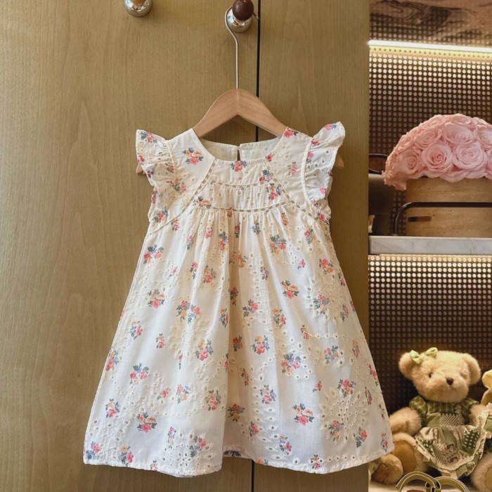 Girls Pure Cotton Floral Dress New Korean Style Forest Style Hollow Embroidery Baby Girl Fash
