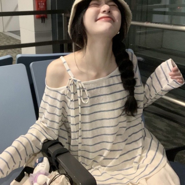 Lazy Lace-up Blouse Striped Oblique Off-shoulder T-shirt Long Sleeve New Casual Loose Book Style