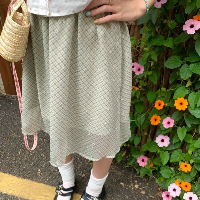Chiffon Green Retro Plaid Skirt Elastic Waist Women's Summer Thin Midi Skirt Double Layer Ele