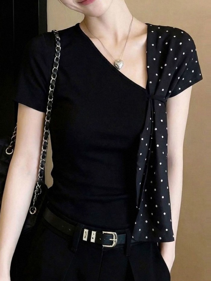 Bow Polka Dot One-shoulder Off-shoulder Off-shoulder Short-sleeved T-shirt For Women Summer Slig