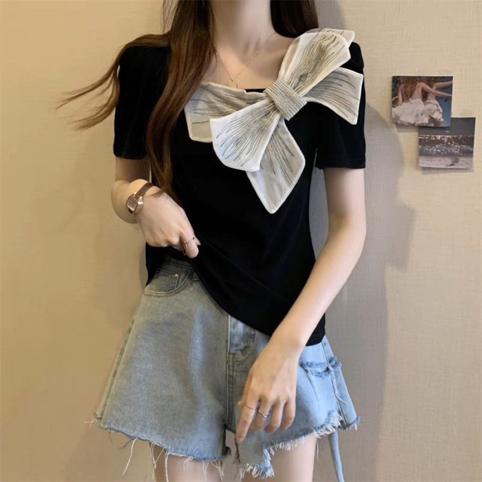 New Versatile Unique Unique Bow T-shirt Women Slim Niche Design Short-sleeved Top Trendy