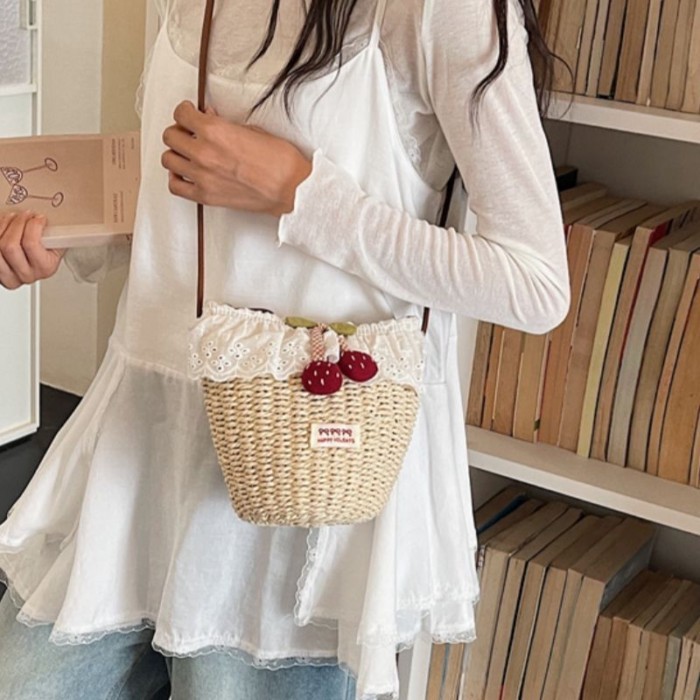 Korean Version Of The Niche Sweet Lace Straw Concave Shape Bucket Bag For Traveling And Posing F