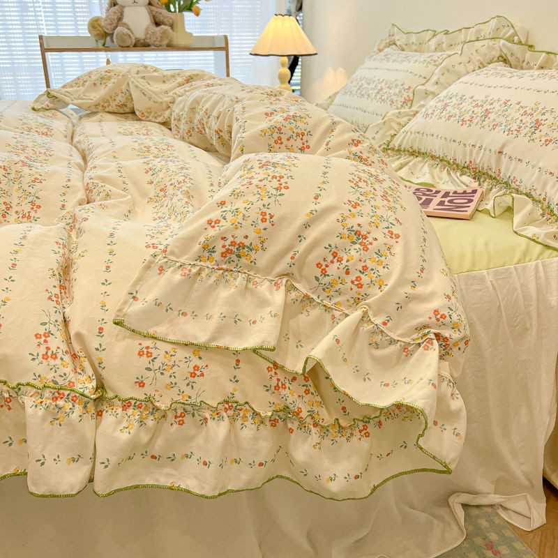 L Ins Princess Feng Shui Wash Cotton Bốn mảnh Bộ Bed Heart Girls Bed Bed Bed Bed Tấm chăn bông tran