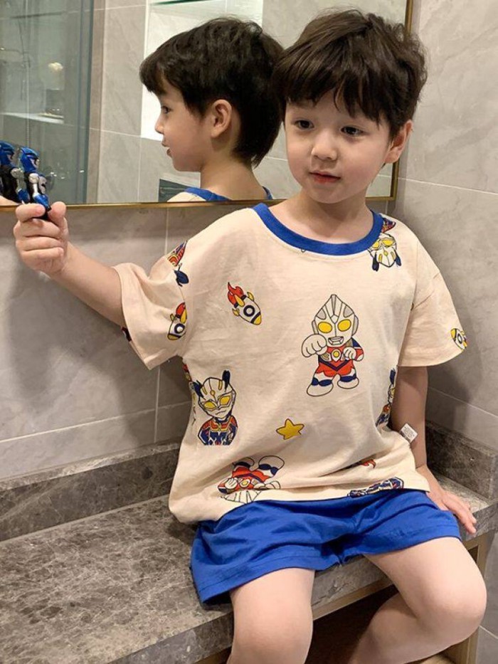 Children's Pajamas Boy Ice Silk Cartoon Ultraman Little Boy Summer Air Conditioning Clothing