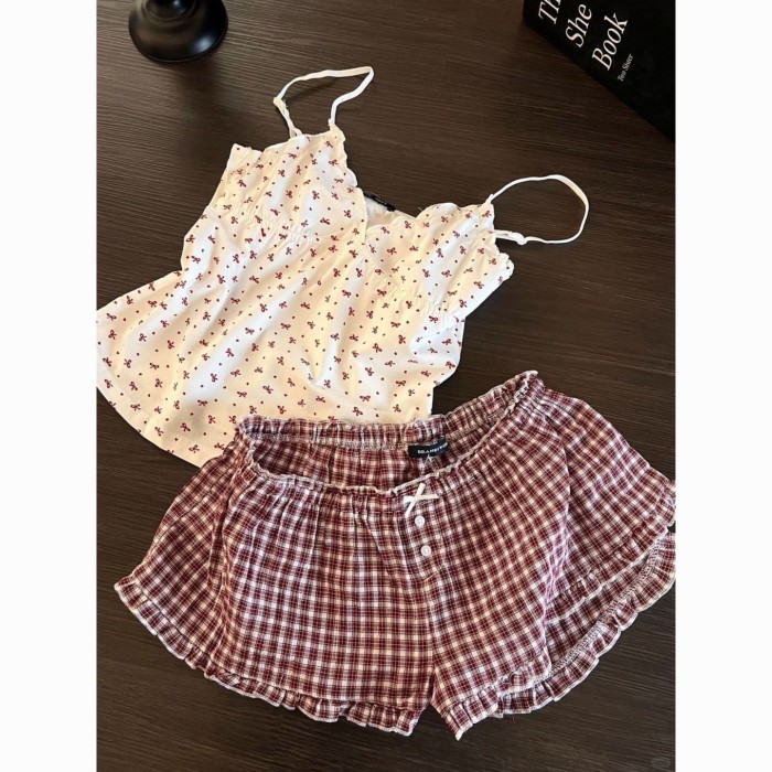 Sweet Love Bow Printed Suspenders And Red Plaid Shorts, Good-looking Girl's Pajamas