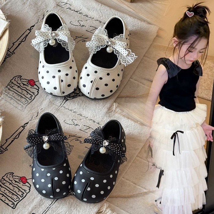 Girls Lace Bow Polka Dot Princess Shoes New Girls Pearl Pump Small Leather Shoes Mary Jane Sh