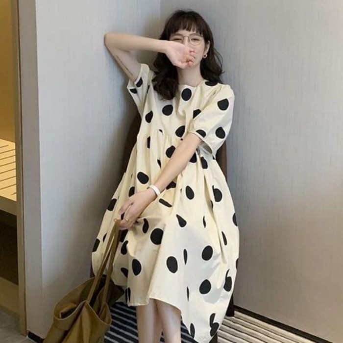 Maternity Dress Summer Over-the-knee Long Skirt Korean Fashion Square Neck Polka Dot Korean S