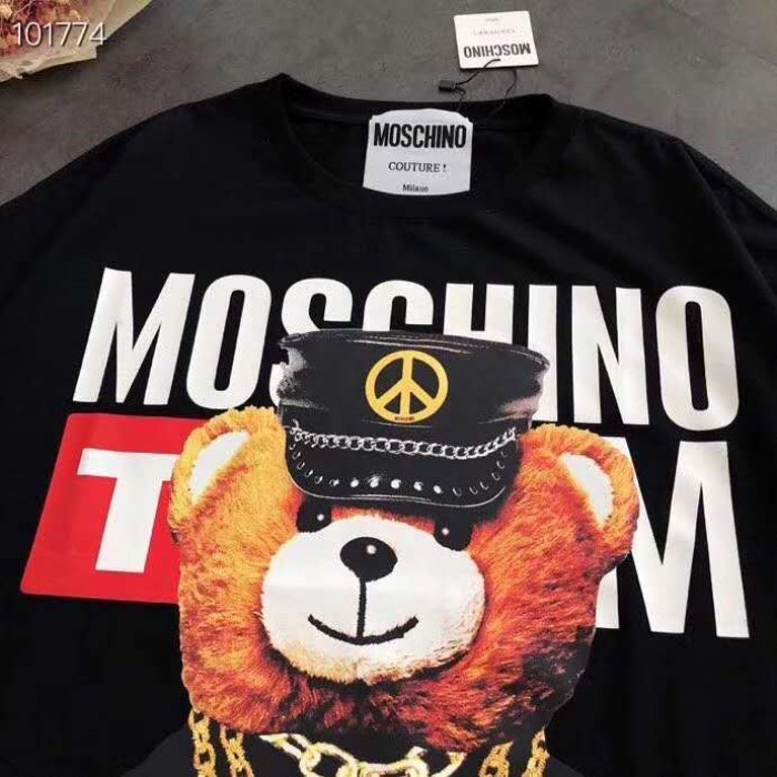 MOSCHINO Mùa Hè Phong Cách Mới Mosch Vàng Dây Xích Gấu In Hình Cotton Áo nam Nữ Cặp Đôi Rời Kích Thư