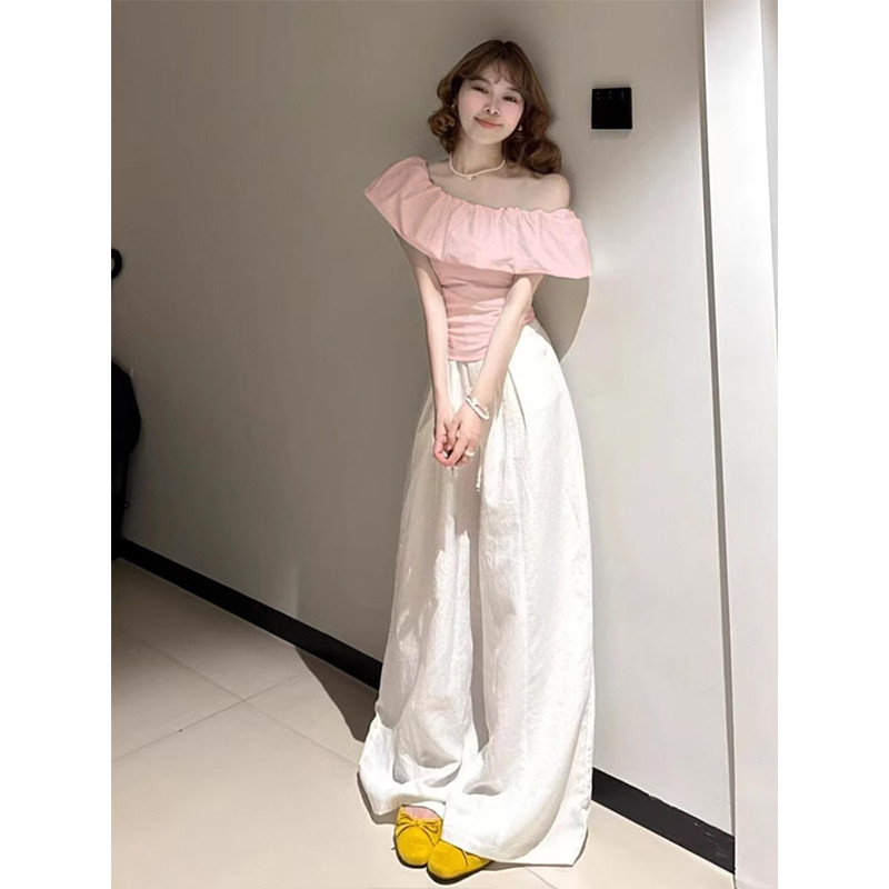 Hồng Đẹp Off-the-Shoulder Off-the-Shoulder Nhỏ Top Khổng Lồ Hàn Quốc Nữ Cao Cấp