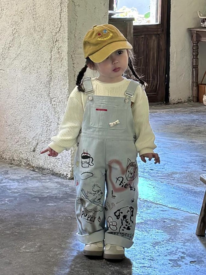 Girls Overalls Spring Clothing New Style Korean Style Cartoon Graffiti Denim Jumpsuit Childre