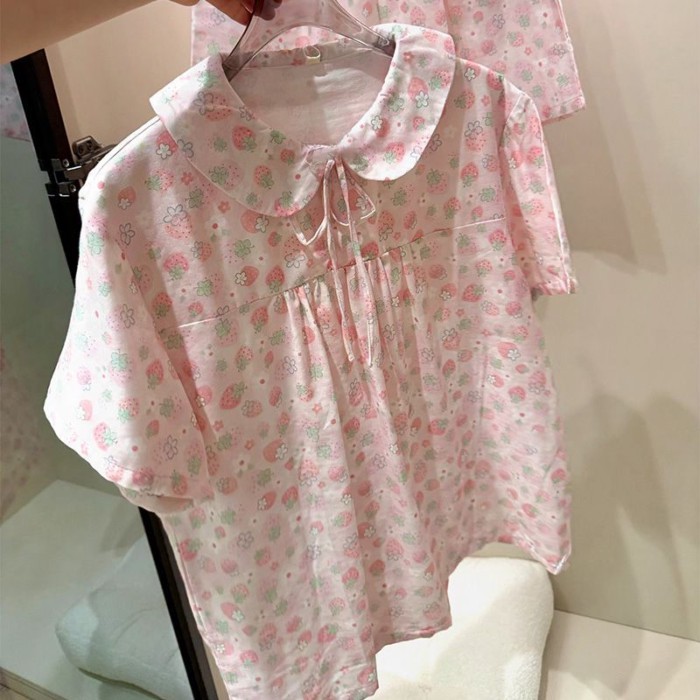 Doll Collar Lace-up Pajamas For Women, Sweet Strawberry Print Short-sleeved Shorts, Women's P