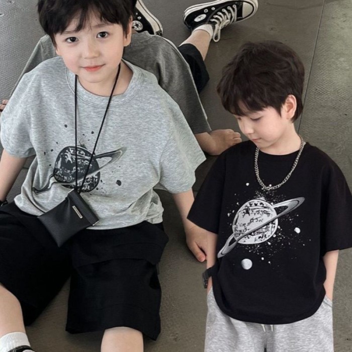 Pure Cotton Boys Short-sleeved T-shirt Baby Tops Planet Print New Korean Version Loose Childre