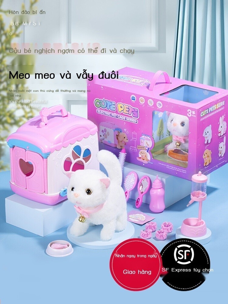 ( Sẵn) Đồ chơi búp bê mèo con Mèo mô phỏng Meo meo và di chuyển Bionic Động vật điện sang trọng Búp