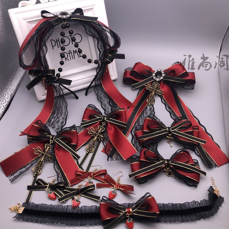 Nhật Bản lolita Burgundy Tối Ren Hạt Dây Xích Tóc Băng Đô Gothic lolita lolita KC Mũ Bộ Nữ