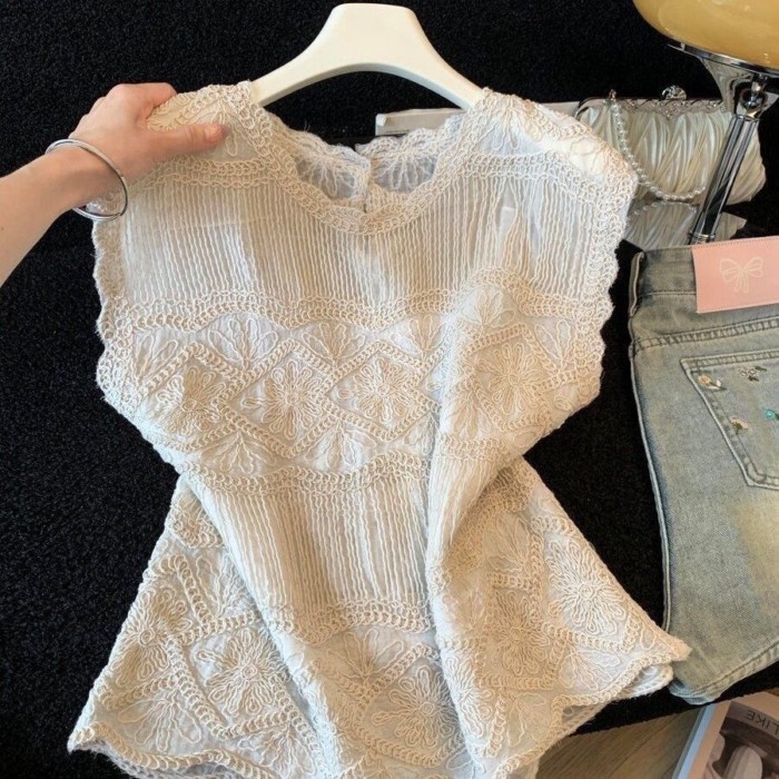 Niche French Lace Heavy Industry Lazy Splicing Sleeveless Vest Loose And Fashionable Hollow R