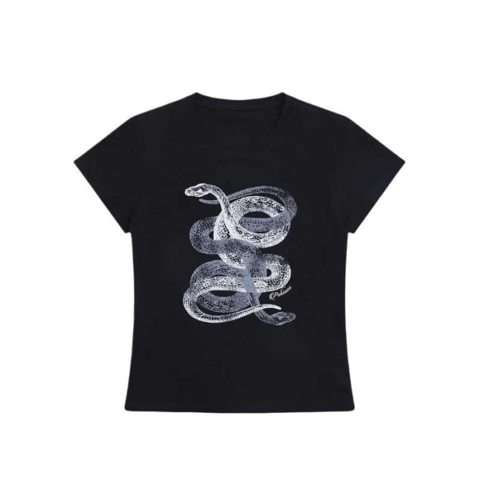 American Black Short-sleeved T-shirt For Women With Year Of The Snake Print Hot Girl Slimming Sh