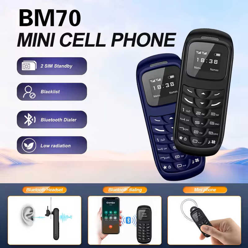 Điện thoại di động Mini BM70 Thẻ kép Nút chờ kép Điện thoại di động Máy nghe nhạc Bluetooth Người ca