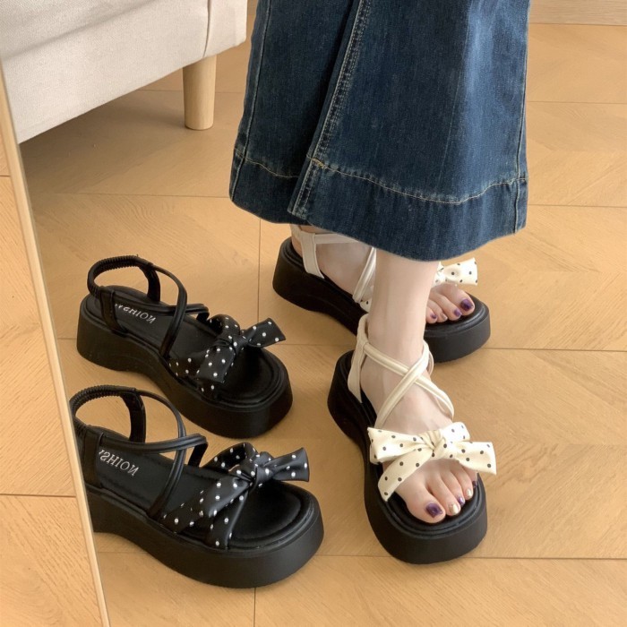 Polka-dot Bow Fashion Sandals For Women's Outer Wear New Summer Height-increasing Platform Th