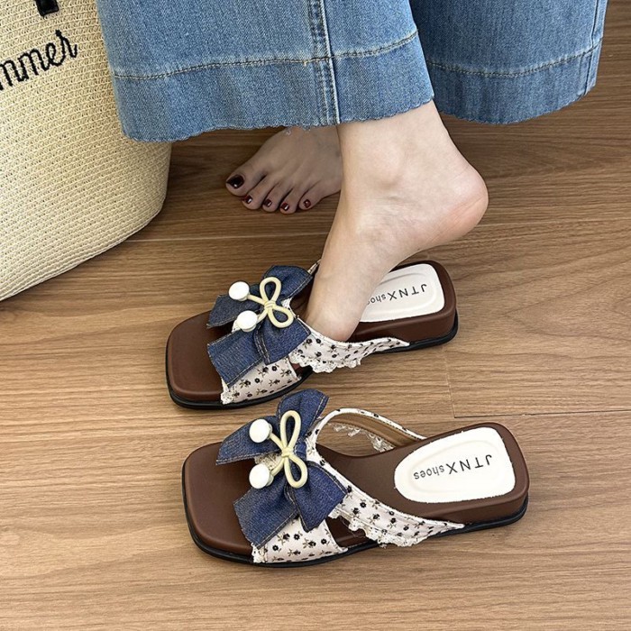 French Floral Bow Wedge Sandals And Slippers For Women's Summer Outer Wear, New Style, Huge A