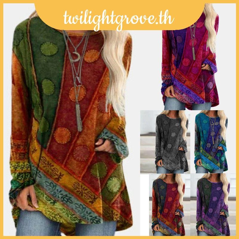 Size Thoải Mái Plus Nữ Bohemian Áo Dài Tay Tròn Cổ