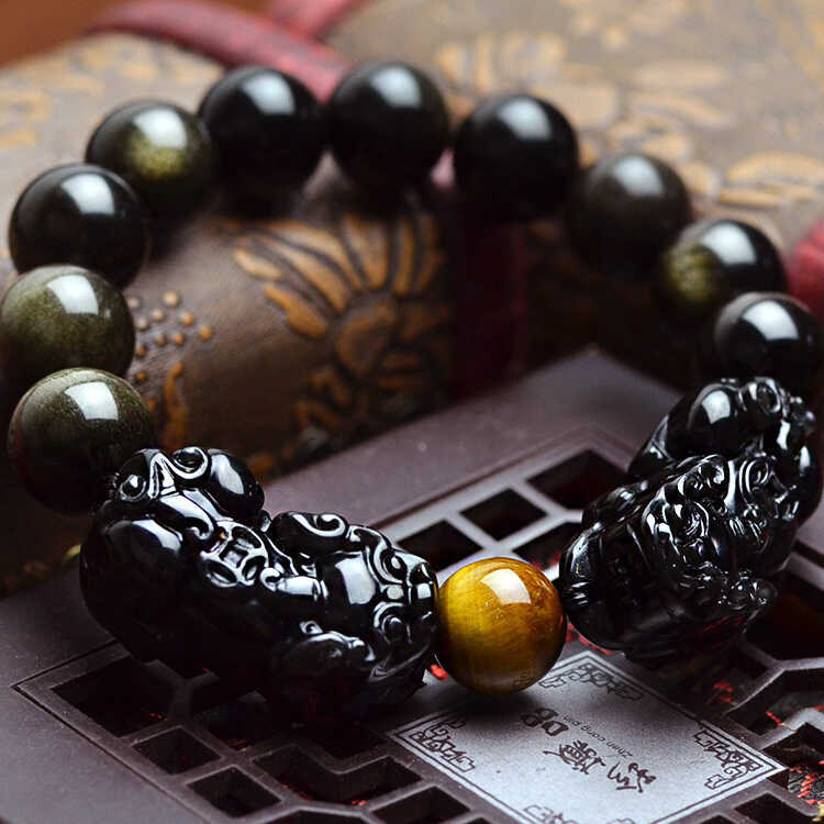 Tự Nhiên Obsidian Vàng Obsidian Vòng Tay Đôi Pixiu Lấy Hạt Vòng Tay Obsidian Pixiu Tay