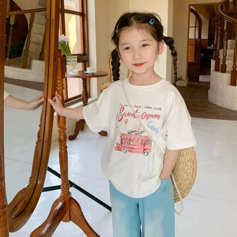 SENSIQIAO Bé Gái Cổ Tròn Đơn Giản Áo Thun Cotton Tay Ngắn In Hình Hoạt Hình Thường Ngày TZ0123