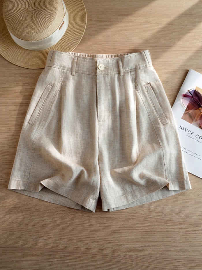 Quần short vải lanh Tencel quần short lưng cao dáng rộng mùa hè dành cho nữ quần short ống rộng chữ